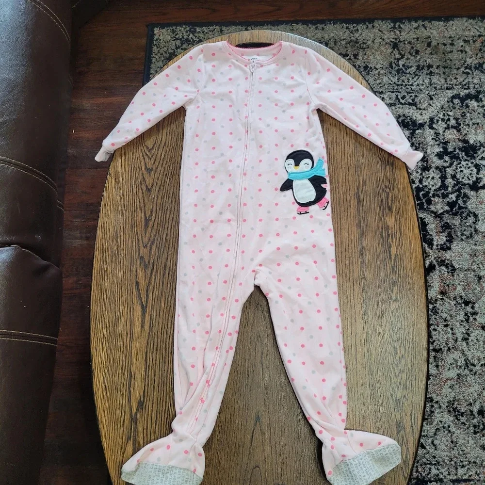 Carter's Pink Polka Dot Penguin Footed Fleece Zip-Up Pajamas Size Girls 4